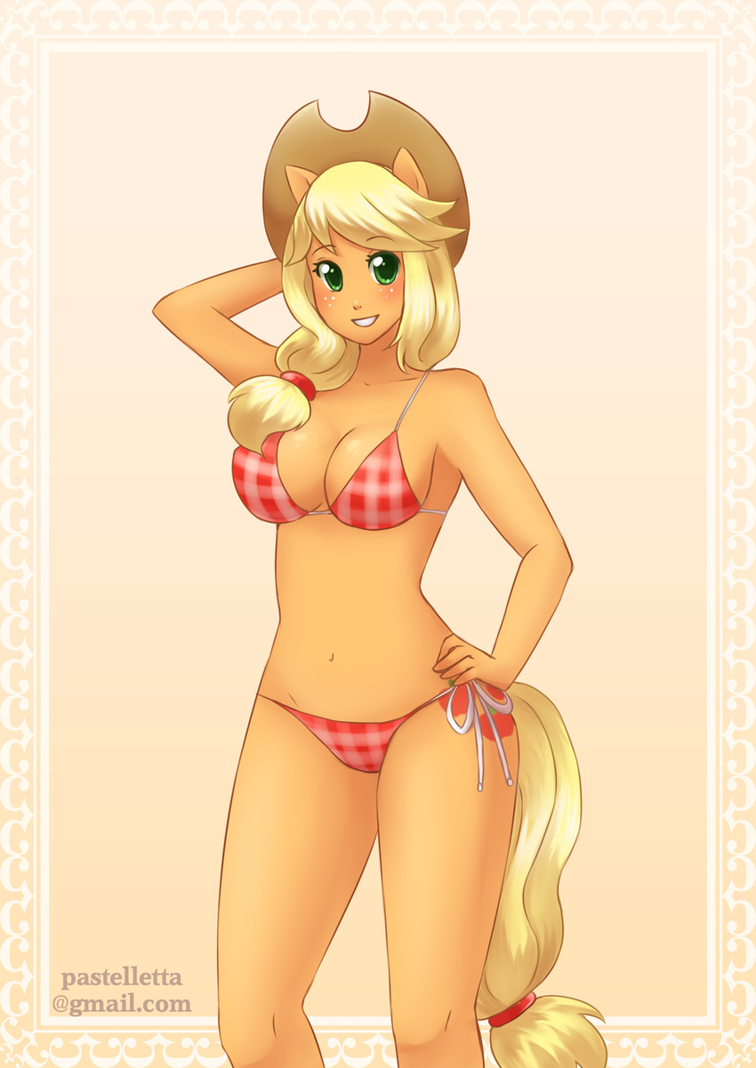 anthro anthrofied apple_jack applejack_(mlp) arm_behind_head blonde_hair blush breasts cleavage clothed clothing cowboy_hat cutie_mark equine female freckles friendship_is_magic green_eyes hair hat horse long_hair mammal my_little_pony navel orange_skin pastelletta pony smile solo standing thighs