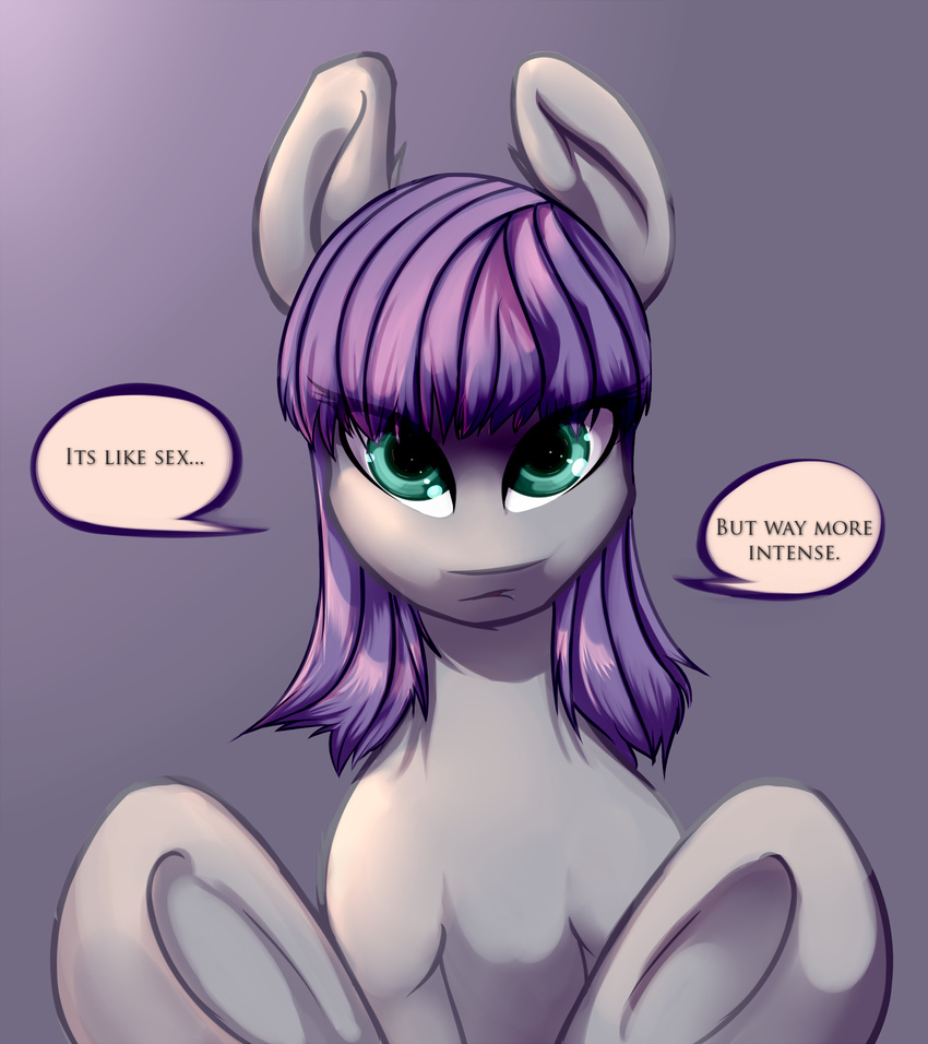 dialog english_text equine female feral friendship_is_magic fur green_eyes grey_fur hair hooves horse looking_at_viewer mammal maud_pie_(mlp) my_little_pony plain_background pony purple_hair severus solo text