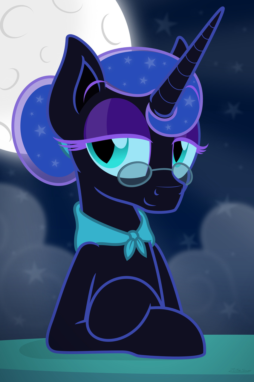 absurd_res blue_eyes blue_hair equine eyewear female feral friendship_is_magic glasses hair hi_res horn looking_at_viewer mammal moon my_little_pony nightmare_moon_(mlp) old solo winged_unicorn wings zutheskunk