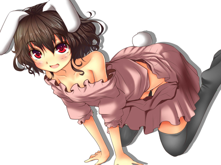 all_fours animal_ears bare_shoulders black_legwear blush brown_hair bunny_ears bunny_tail collarbone fukunaga_kazuhiro highres inaba_tewi no_panties off_shoulder open_clothes open_mouth open_skirt red_eyes short_hair simple_background skirt smile solo tail thighhighs touhou white_background