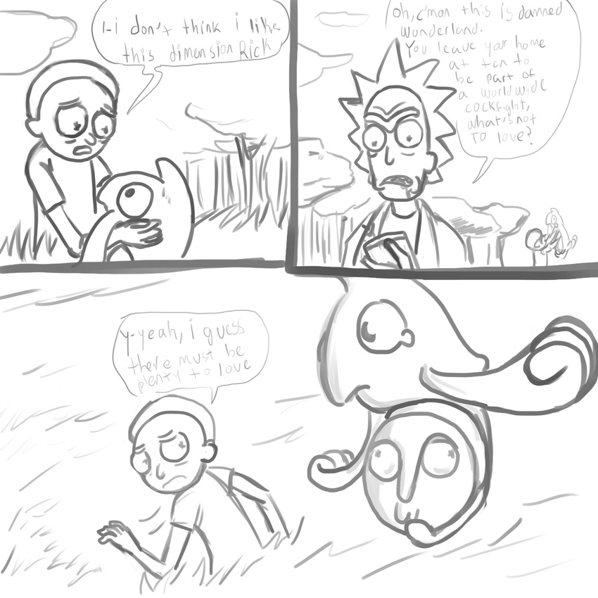 crossover english_text human male mammal monochrome morty_smith nintendo pok&#233;mon pok&eacute;mon rick_and_morty rick_sanchez text video_games yamask