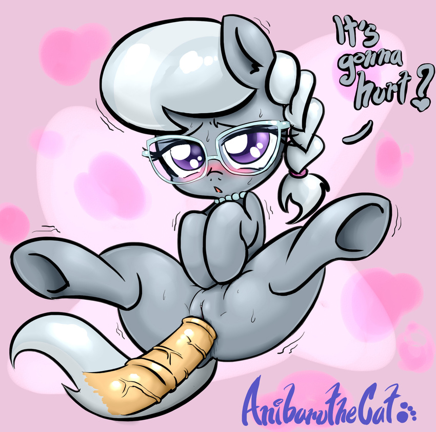 anibaruthecat animal_genitalia blush cub dialog disembodied_penis english_text equine eyewear female feral friendship_is_magic fur glasses grey_fur hair hooves horse horsecock lesbian male mammal my_little_pony necklace penis pony purple_eyes pussy silver_spoon_(mlp) spread_legs spreading sweat text vein young