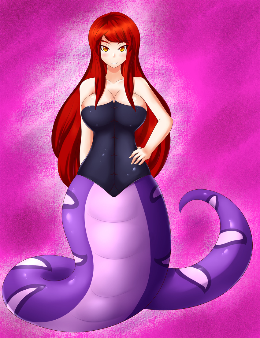 clothed clothing female hair jcdr looking_at_viewer monster monster_girl naga orange_eyes red_hair solo