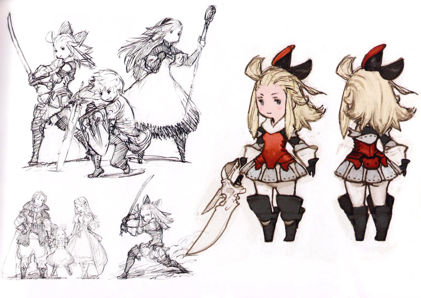 ahoge armor armored_dress blonde_hair boots bow bravely_default:_flying_fairy bravely_default_(series) concept_art edea_lee elbow_pads family faulds fighting_stance gloves hair_bow knee_boots knee_pads long_hair multiple_boys multiple_girls official_art pantyhose scan smile sword tiz_oria weapon yoshida_akihiko younger