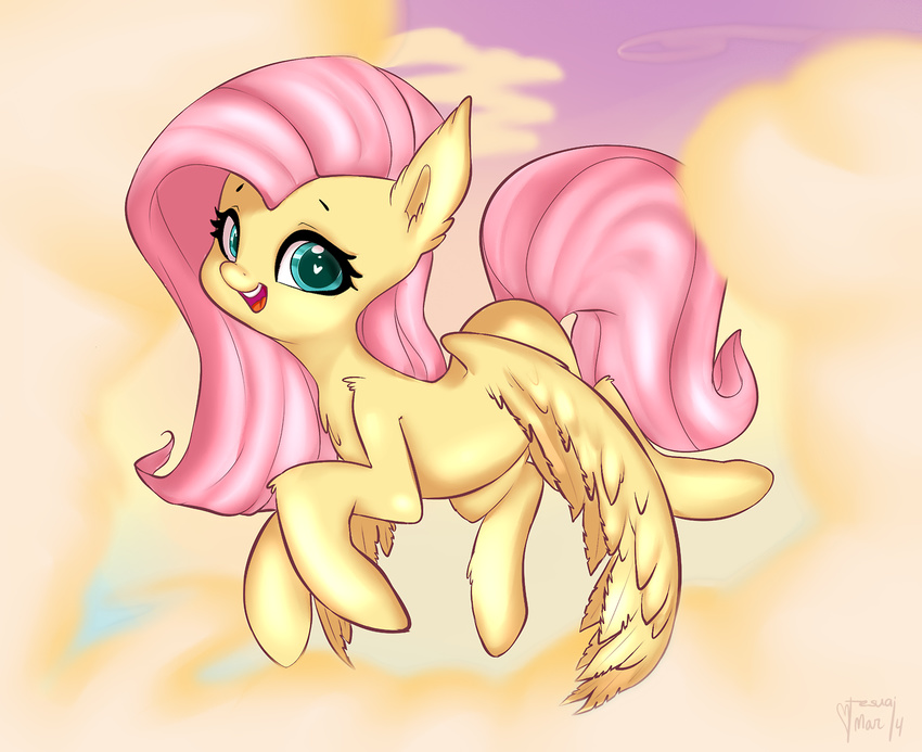 cloud equine female feral fluttershy_(mlp) flying friendship_is_magic fur hair happy long_hair looking_at_viewer mammal my_little_pony open_mouth outside pegasus pink_hair smile solo tesuai wings yellow_fur