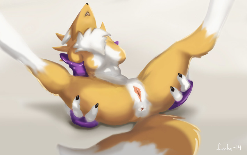 3_fingers anus black_nose breasts canine chest_tuft claws digimon elbow_gloves female fox fur gloves labia_majora labia_minora lascha leg_grab legs_up lying mammal mane nude on_back open_mouth plain_background presenting presenting_anus presenting_pussy pussy renamon solo spread_legs spreading tuft