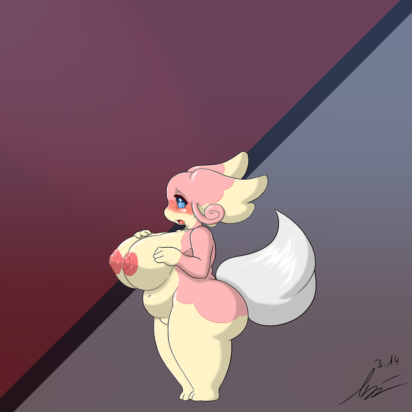 anthro areola audino bantar2 big_breasts big_butt big_nipples blue_eyes blush breasts butt chubby female hi_res looking_down navel nintendo nipples nude obese open_mouth overweight pink_skin pok&#233;mon pok&#233;morph pok&eacute;mon pok&eacute;morph solo standing thick_thighs thighs video_games yellow_skin