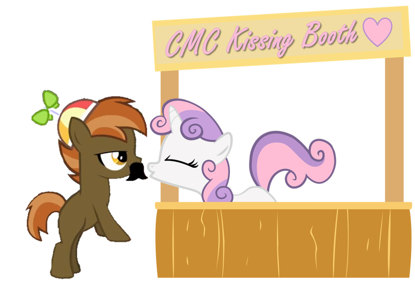 bronybyexception brown_fur brown_hair button_mash_(mlp) english_text equine eyes_closed facial_hair female friendship_is_magic fur hair hat horn horse kissing kissing_booth male mammal mustache my_little_pony pony purple_hair smile sweetie_belle_(mlp) text two_tone_hair unicorn white_fur