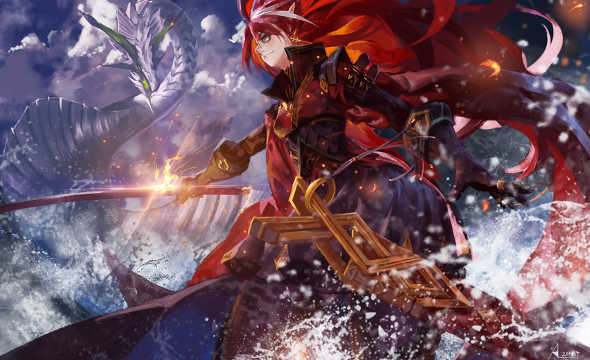 alcd armor brown_eyes cloud dragon earrings gloves highres jewelry long_hair multicolored_hair pixiv_fantasia pixiv_fantasia_fallen_kings red_eyes sky smile solo sword two-tone_hair water weapon white_hair