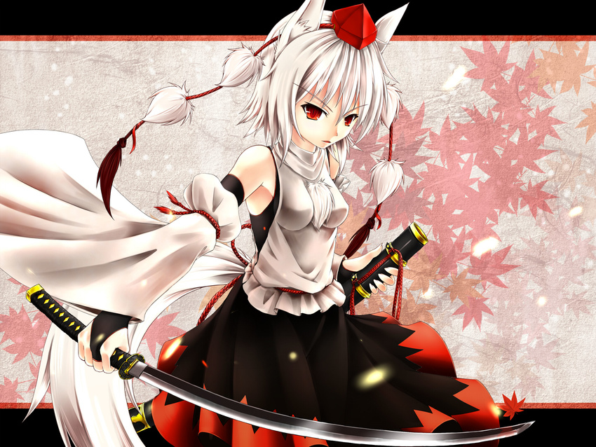 animal_ears bare_shoulders breasts detached_sleeves hat highres inubashiri_momiji inyuppo katana looking_at_viewer medium_breasts pom_pom_(clothes) red_eyes short_hair silver_hair skirt solo sword tail tokin_hat touhou weapon weapon_bag wolf_ears