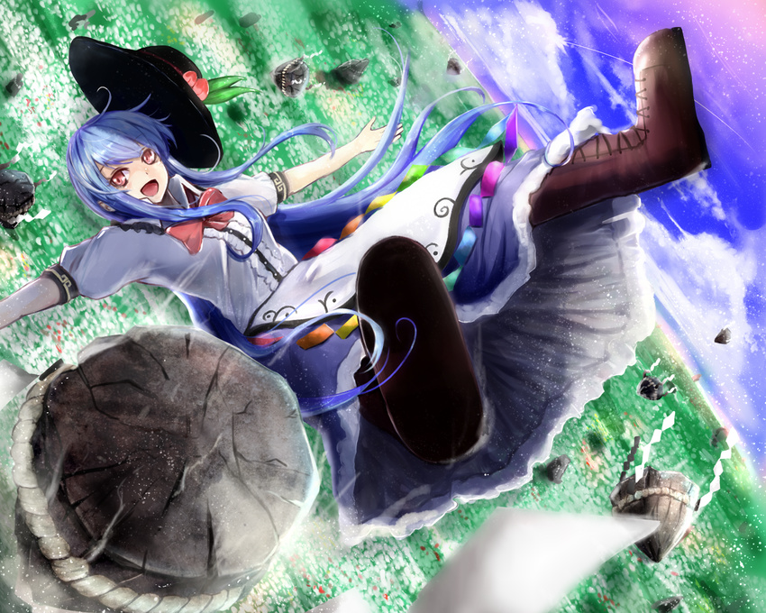 arms_at_sides bangs blue_hair boots cloud cloudy_sky dress falling field food fruit hat highres hinanawi_tenshi keystone koga_rejini long_dress long_hair peach puffy_short_sleeves puffy_sleeves red_eyes short_sleeves sky smile solo touhou