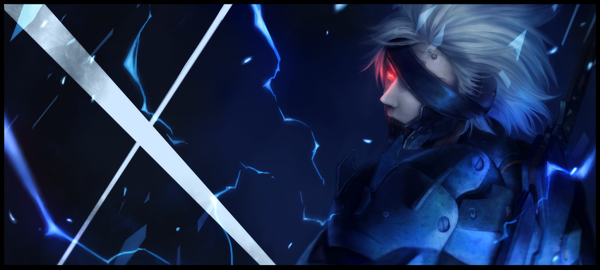 bad_id bad_pixiv_id barcode blue blue_background cyborg electricity eyepatch glowing glowing_eye highres male_focus metal_gear_(series) metal_gear_rising:_revengeance raiden red_eyes science_fiction shion_(ajisionn) solo white_hair