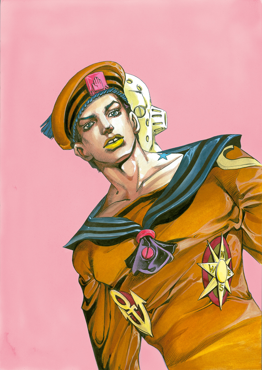 absurdres anchor_symbol araki_hirohiko birthmark blue_eyes compass dixie_cup_hat dress eyelashes fabulous hat higashikata_jousuke_(jojolion) highres joestar_birthmark jojo_no_kimyou_na_bouken jojolion lipstick makeup male_focus military_hat official_art orange_hat orange_shirt pink_background sailor sailor_dress sailor_hat shirt simple_background soft_&amp;_wet solo stand_(jojo) standing tooth_gap yellow_lipstick