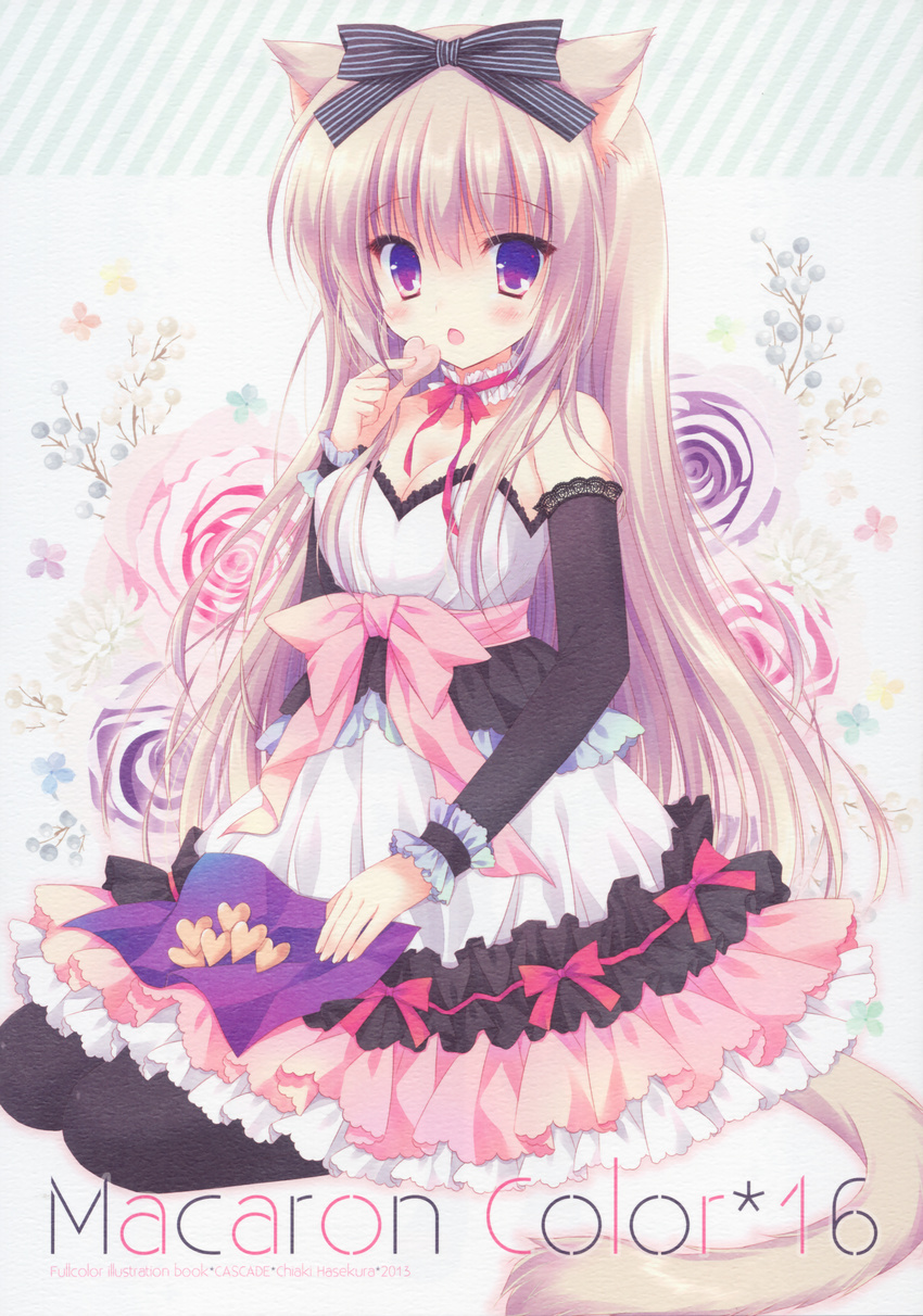 absurdres animal_ears blonde_hair bow breasts cat_ears cleavage cookie detached_sleeves dress food frilled_dress frills hair_bow hasekura_chiaki highres large_breasts long_hair pantyhose purple_eyes scan seiza sitting solo very_long_hair