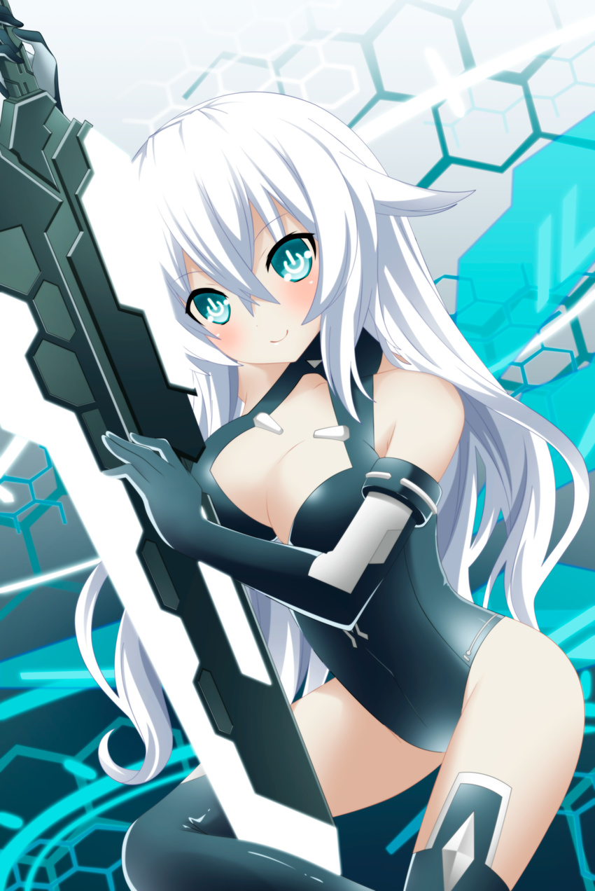 aqua_eyes bangs bare_shoulders between_legs black_heart black_legwear blush breasts cleavage cleavage_cutout derivative_work deviantart_sample flipped_hair from_side hair_between_eyes halterneck highres holding holding_weapon honeycomb_(pattern) honeycomb_background huge_weapon image_sample large_breasts leotard light_smile long_hair looking_at_viewer magical_girl neptune_(series) noire planeptune power_symbol smile solo sword symbol-shaped_pupils thighhighs turtleneck very_long_hair weapon white_hair