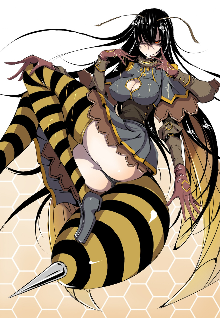 1girl amber_eyes antennae ass bee_girl black_hair breasts cleavage drooling gloves insect_girl large_breasts long_hair monster_girl multiple_arms saliva sangyou_haikibutsu_(turnamoonright) solo sting stinger striped striped_legwear wings wink yellow_eyes