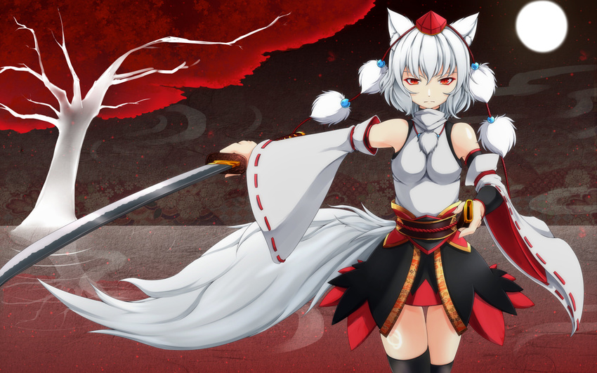 animal_ears bare_shoulders breasts detached_sleeves full_moon hat highres inubashiri_momiji inyuppo looking_at_viewer md5_mismatch medium_breasts miniskirt moon night pom_pom_(clothes) red_eyes short_hair silver_hair skirt solo sword tail thighhighs tokin_hat touhou tree water weapon weapon_bag wolf_ears wolf_tail zettai_ryouiki