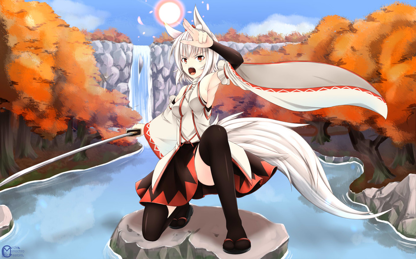animal_ears bare_shoulders breasts detached_sleeves hat highres inubashiri_momiji inyuppo looking_at_viewer medium_breasts pom_pom_(clothes) red_eyes short_hair silver_hair skirt solo sword tail tokin_hat touhou tree water weapon weapon_bag wolf_ears