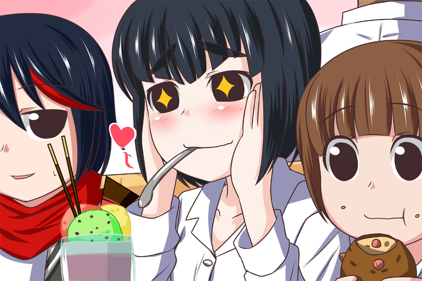 3girls black_hair blush bob_cut brown_hair eating food gamagoori_ira hands_on_own_face heart kill_la_kill kiryuuin_satsuki mankanshoku_mako matoi_ryuuko multicolored_hair multiple_girls nishi_koutarou parfait pocky short_hair spoon spoon_in_mouth sweatdrop symbol-shaped_pupils two-tone_hair