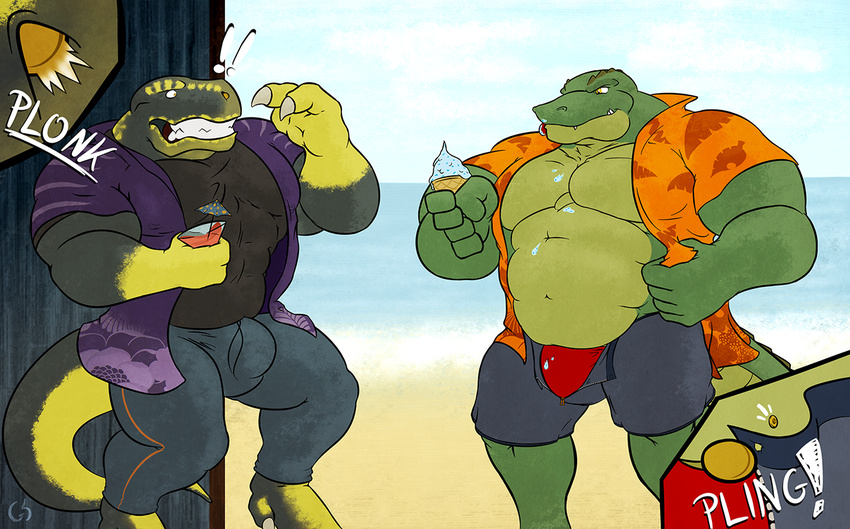 2013 abs alligator anthro beach belly biceps big_muscles bulge chubby claws clothing cocktail dinosaur drink duo gs huge_muscles ice_cream jeans male musclegut muscles open_mouth open_shirt pecs reptile scalie sea seaside sharp_teeth shirt shorts sound_effects standing tank_top teeth tight_clothing tyrannosaurus_rex underwear vest water zeke