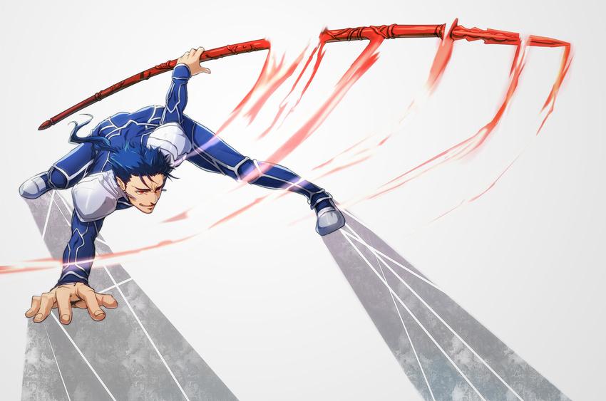 action armor blue_hair fate/stay_night fate_(series) gae_bolg highres homutatu lancer long_hair male_focus polearm ponytail red_eyes solo spear weapon