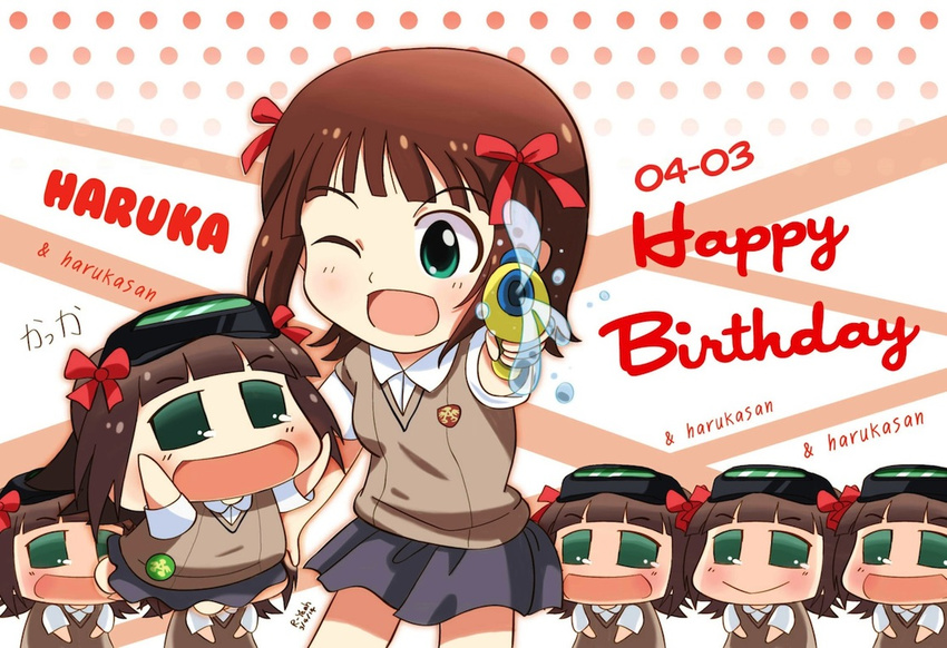 amami_haruka brown_eyes brown_hair chibi clone cosplay green_eyes haruka-san head_mounted_display idolmaster idolmaster_(classic) misaka_imouto misaka_imouto_(cosplay) misaka_mikoto misaka_mikoto_(cosplay) multiple_girls multiple_persona one_eye_closed puchimasu! r-yeah school_uniform to_aru_kagaku_no_railgun to_aru_majutsu_no_index water_gun