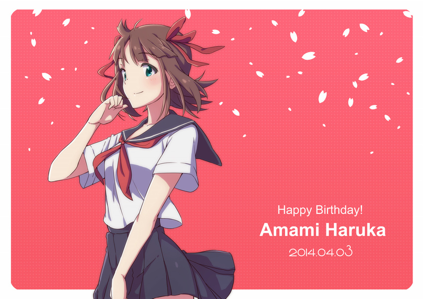 2014 amami_haruka blush brown_hair character_name dated green_eyes hair_ribbon happy_birthday highres idolmaster idolmaster_(classic) looking_at_viewer petals rariemonn red_background ribbon school_uniform serafuku short_hair short_sleeves skirt smile solo