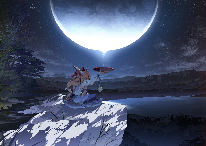 asakura_masatoki bloom blue_skirt bow brown_hair chain cuffs cup from_behind full_moon hair_bow hair_ribbon highres holding holding_plate horns ibuki_suika lake light_smile long_hair looking_at_viewer looking_back low-tied_long_hair moon moonlight mountain nature night night_sky outdoors plate profile reflection ribbon rock sakazuki shackles shirt sidelocks sitting skirt sky sleeveless sleeveless_shirt solo star_(sky) starry_sky touhou tree tress_ribbon very_long_hair white_shirt yellow_eyes