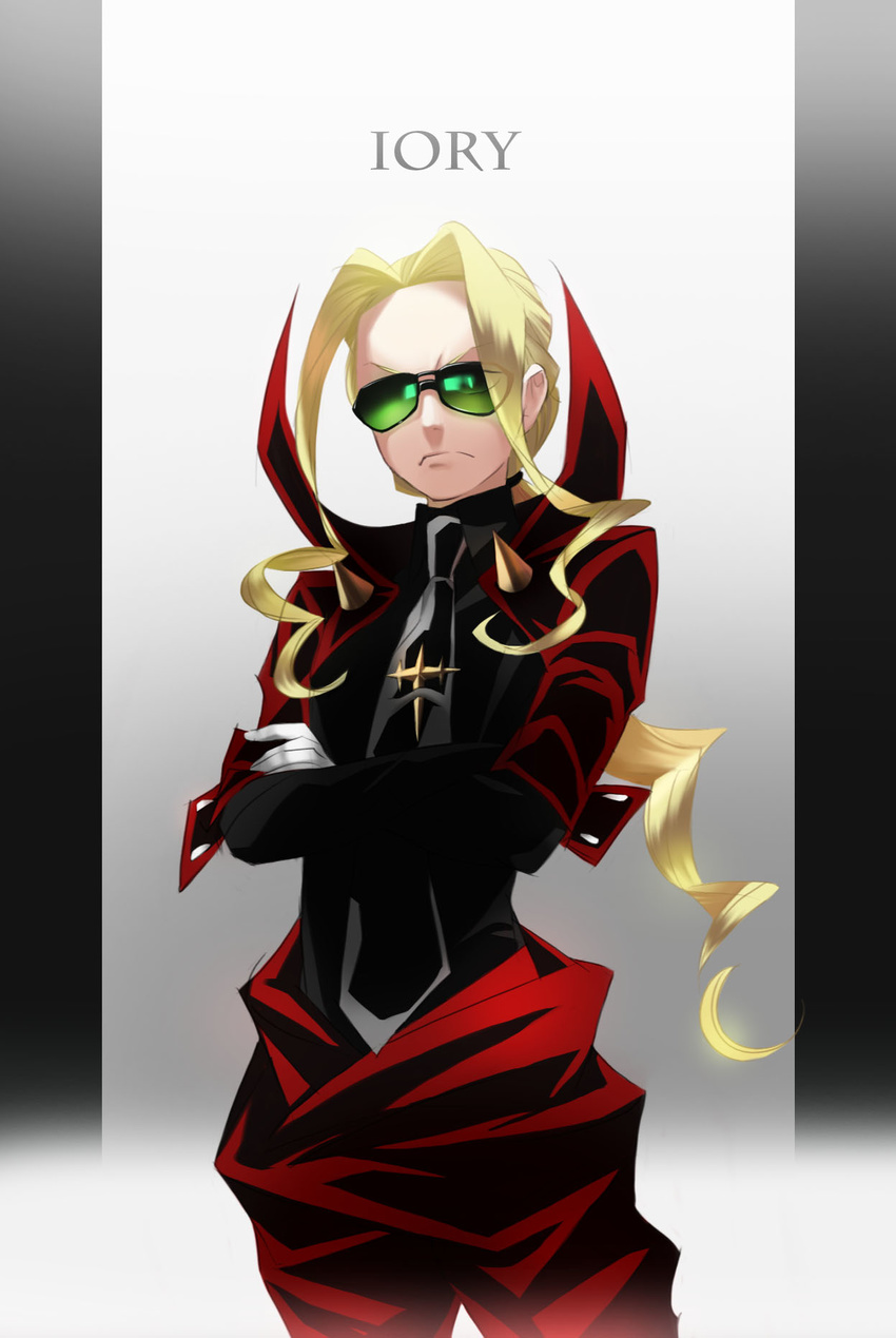 adapted_costume bad_id bad_pixiv_id blonde_hair commentary crossed_arms dukehare frown highres iori_shirou karl_lagerfeld kill_la_kill long_hair male_focus necktie parody ponytail solo sunglasses tailor_regalia