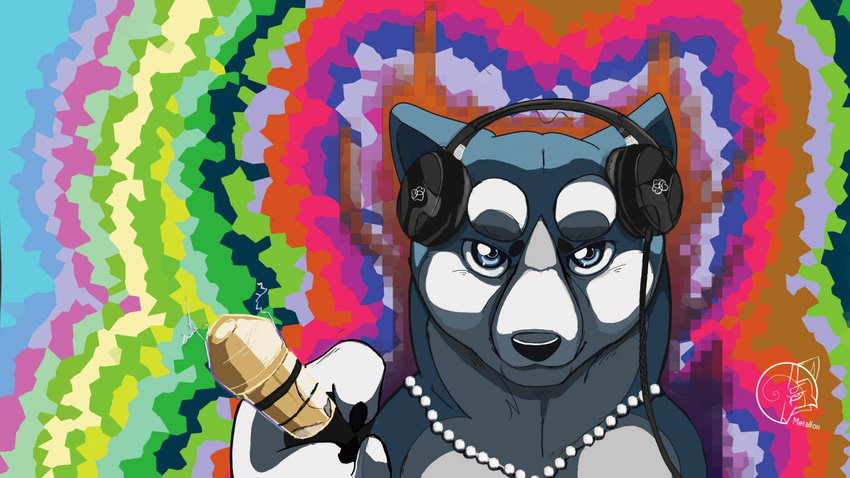 abstract_background blue_eyes blue_fur canine collar dog fur headphones looking_at_viewer mammal metalfox solo weed_(character) white_fur