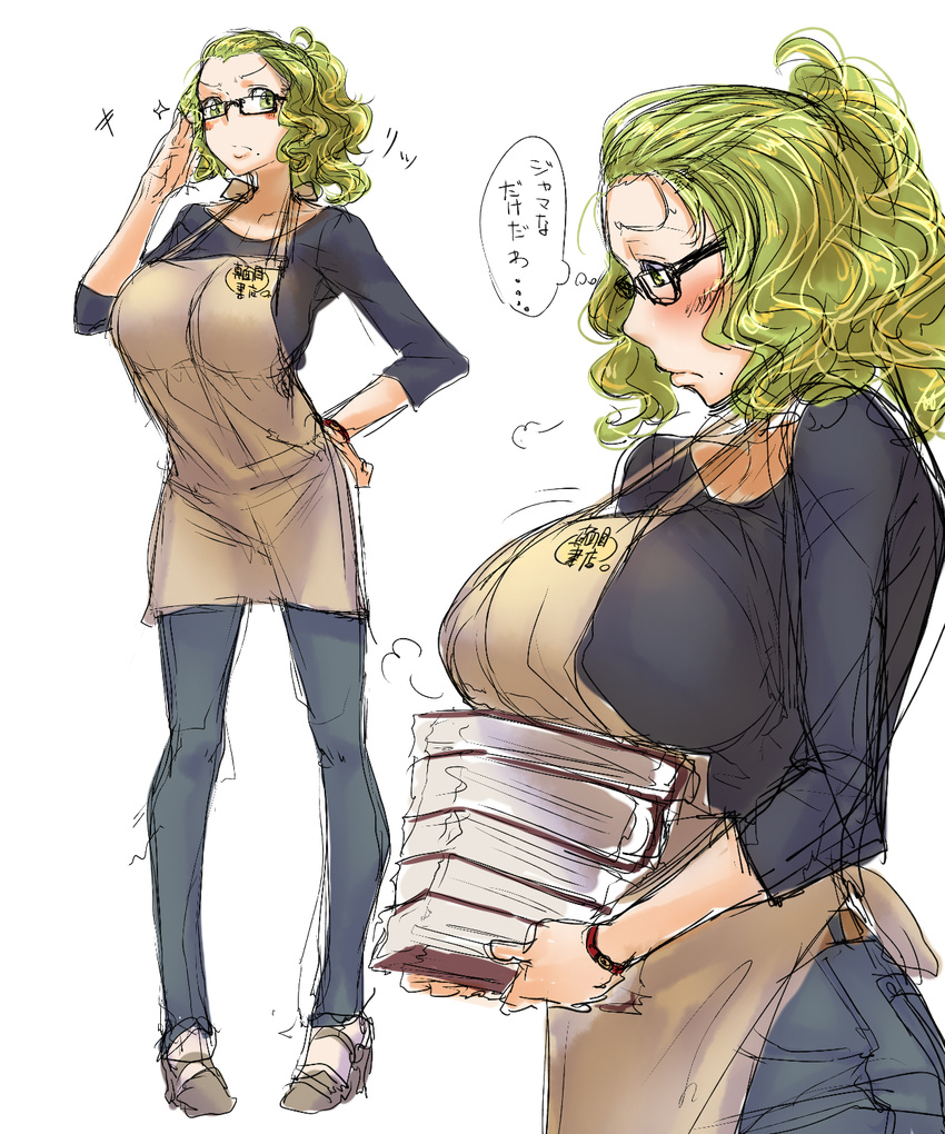 adjusting_eyewear apron bakuya black_shirt blonde_hair blush book book_stack breast_rest breasts carried_breast_rest denim frown glasses high_heels highres holding holding_book huge_breasts inconvenient_breasts jeans looking_down mole mole_under_mouth multiple_views original pants ponytail profile sad shirt sketch text_focus thought_bubble translated watch wavy_hair white_background yellow_eyes