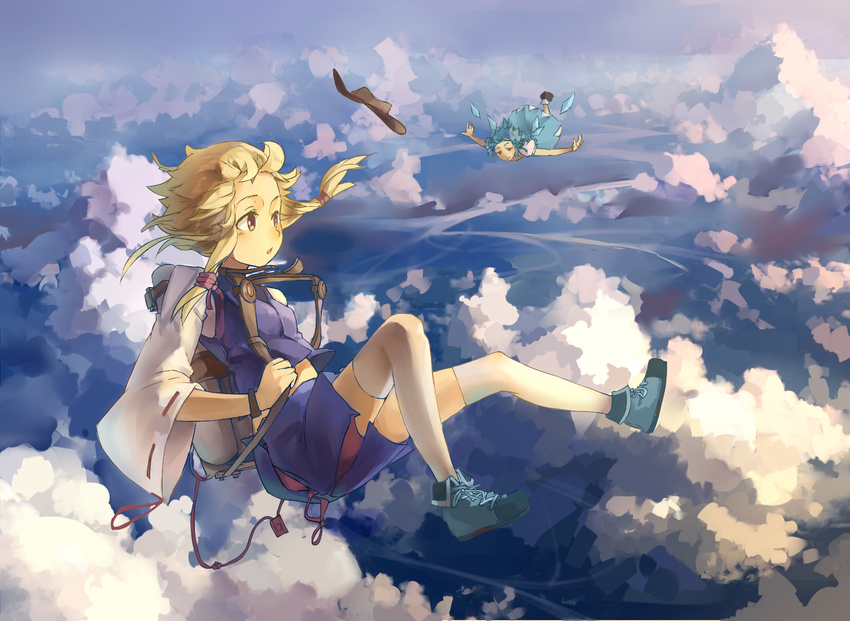 :o above_clouds backpack bag bare_arms belly_peek blonde_hair blue_dress blue_footwear blue_hair breasts brown_hat cirno cloud cross-laced_footwear day digital_media_player dress falling floating_hair flying freefall hair_ribbon hat hat_loss hat_removed headwear_removed highres holding_strap huanxiang_heitu ice ice_wings long_sleeves looking_at_another midair moriya_suwako multiple_girls outdoors outstretched_arms puffy_short_sleeves puffy_sleeves purple_skirt purple_vest red_eyes ribbon ribbon-trimmed_sleeves ribbon_trim shirt shoes short_hair_with_long_locks short_sleeves sidelocks skirt skirt_set sky small_breasts sneakers spread_arms thighhighs touhou tress_ribbon vest white_legwear white_shirt wide_sleeves wings