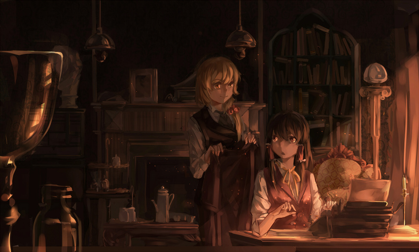 alternate_costume black_dress blonde_hair book bookshelf braid brown_eyes brown_hair coat cup desk dress fireplace hair_tubes hakurei_reimu john_hamish_watson kirisame_marisa lamp looking_back multiple_girls norizc open_mouth red_dress sherlock_holmes shirt single_braid sitting smile teacup teapot the_adventures_of_sherlock_holmes touhou typewriter victorian yellow_eyes