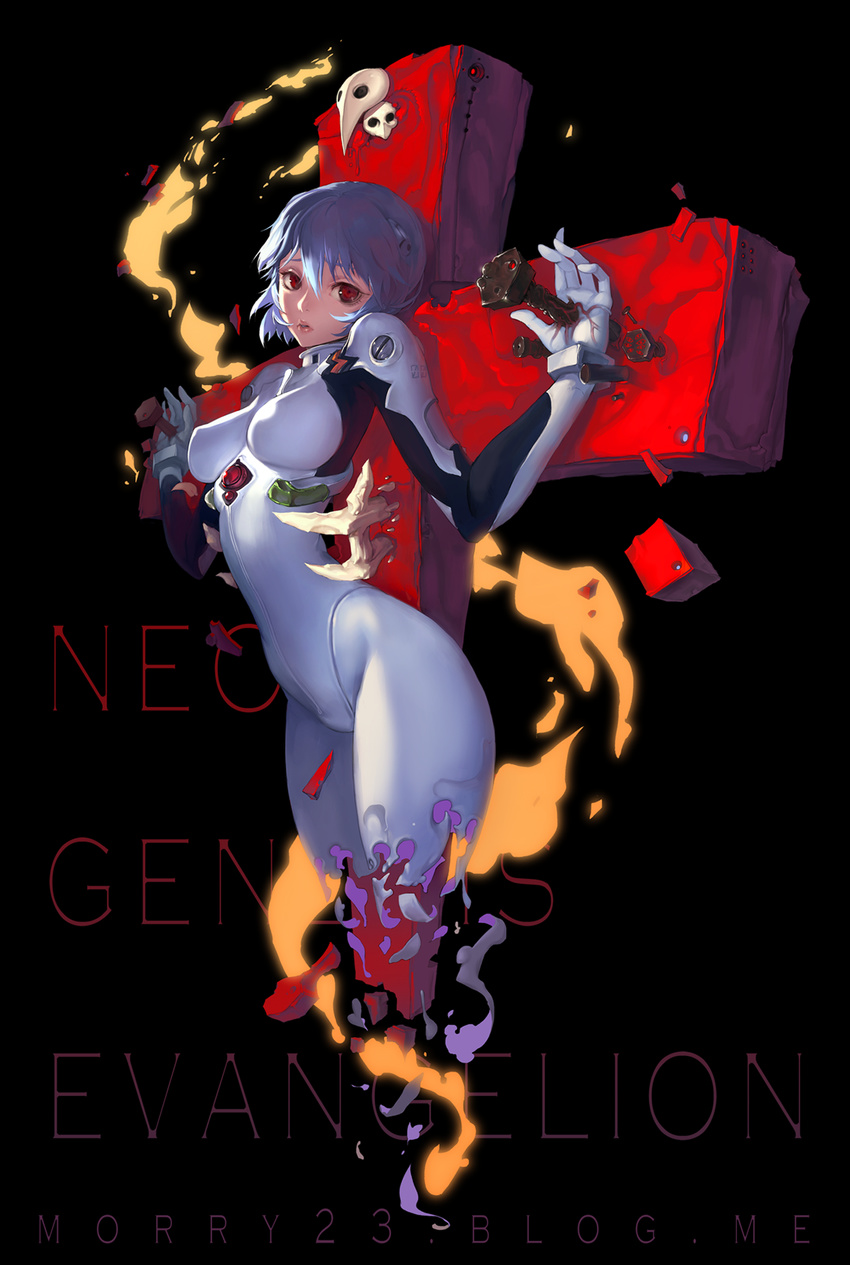 ayanami_rei bad_id bad_pixiv_id black_background blue_hair bodysuit breasts copyright_name cross crucifixion highres large_breasts lips looking_at_viewer na_in-sung nail neon_genesis_evangelion parted_lips plugsuit red_eyes short_hair skin_tight solo white_bodysuit