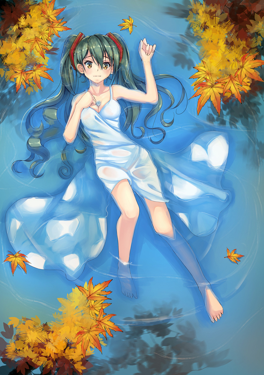 dress green_eyes green_hair hatsune_miku highres leaf long_hair lying on_back partially_submerged sardonyx solo twintails vocaloid water