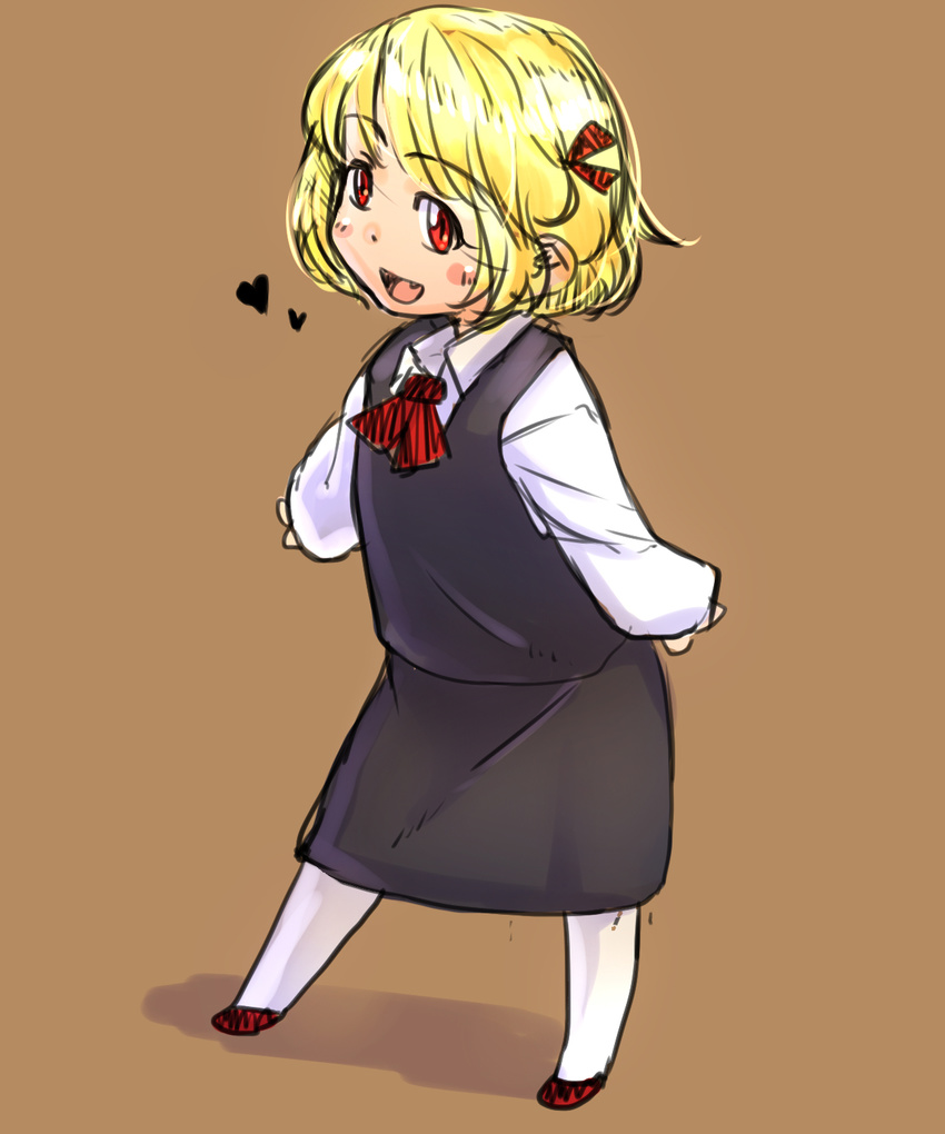 :d ascot bakuya blonde_hair blouse blush blush_stickers dress ears fang full_body hair_ribbon happy heart highres long_sleeves looking_at_viewer open_mouth oversized_clothes pantyhose red_eyes ribbon rumia shoes short_hair simple_background sketch smile solo touhou white_legwear