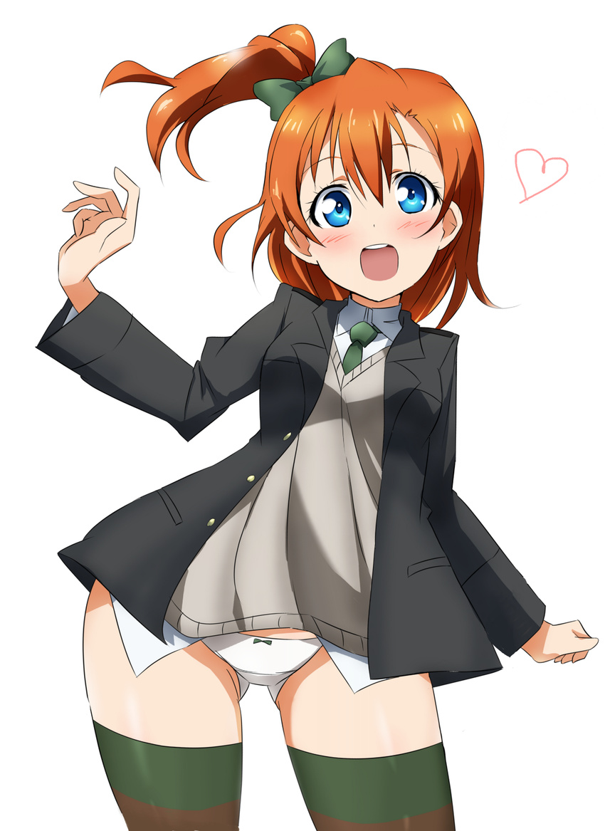 blazer blue_eyes blush cosplay heart highres jacket kousaka_honoka long_hair looking_at_viewer love_live! love_live!_school_idol_project lynette_bishop lynette_bishop_(cosplay) necktie one_side_up open_blazer open_clothes open_jacket open_mouth panties ponytail school_uniform smile solo strike_witches striped striped_legwear sweater thighhighs tokiani underwear white_panties world_witches_series