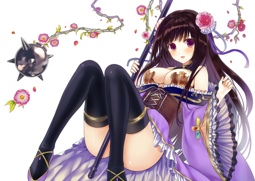 :d between_legs black_hair black_legwear blush convenient_leg corset flail flower hair_flower hair_ornament legs_together long_hair looking_at_viewer lying on_back open_mouth original purple_eyes shiny shiny_skin smile solo thighhighs weapon yuuki_rika