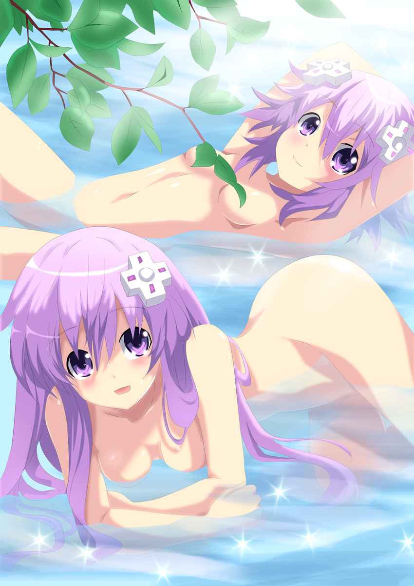 armpits arms_behind_head ass bangs blush breasts choujigen_game_neptune_mk2 closed_mouth convenient_censoring cowboy_shot d-pad d-pad_hair_ornament day derivative_work deviantart_sample eyebrows_visible_through_hair flipped_hair from_side groin hair_between_eyes hair_ornament hanging_breasts happy highres image_sample lavender_hair leaf light_smile long_hair looking_at_viewer lying multiple_girls navel nepgear neptune_(choujigen_game_neptune) neptune_(series) nude on_back on_stomach open_mouth outdoors parted_bangs partially_submerged planeptune purple_eyes purple_hair short_hair siblings sidelocks sideways_glance sisters skinny_dipping small_breasts smile sparkle straight_hair sunlight tree_branch water wet