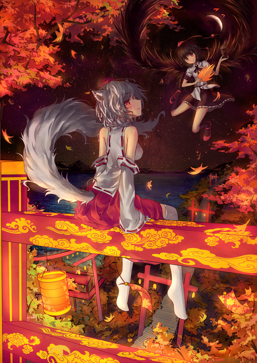 absurdres animal_ears arms_at_sides autumn_leaves bare_shoulders black_legwear black_skirt black_wings blouse blush brown_hair crescent_moon detached_sleeves fan feathered_wings flying from_behind grey_hair hat highres holding holding_fan horizon hourai_no_hangentsuki inubashiri_momiji kneehighs lamp leaf leaf_fan looking_at_viewer looking_back mary_janes moon multiple_girls multiple_torii night night_sky no_shoes ocean outdoors over-kneehighs path red_eyes red_footwear red_skirt ribbon-trimmed_sleeves ribbon_trim road shameimaru_aya shoes short_sleeves sitting skirt sky sleeveless smile tail thighhighs tokin_hat torii touhou tree white_blouse white_legwear whorled_clouds wings wolf_ears wolf_tail zettai_ryouiki