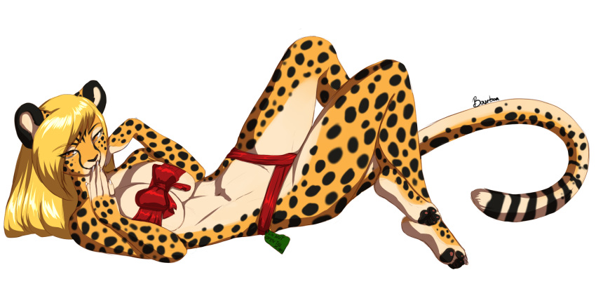 2018 amber_eyes anthro blonde_hair bourbon._(artist) breasts cheetah digital_media_(artwork) feline female fur hair hi_res long_hair looking_at_viewer mammal mihari pawpads ribbons simple_background solo spots spotted_fur white_background