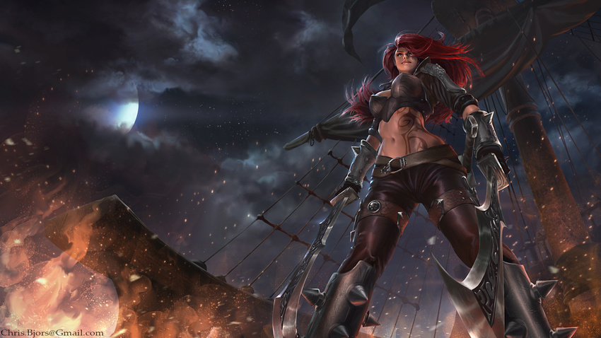 artist_name breasts chris_bjors cloud fire gloves highres katarina_du_couteau large_breasts league_of_legends md5_mismatch midriff moon navel night pants red_hair resized scar smile solo sword tattoo tight tight_pants upscaled weapon