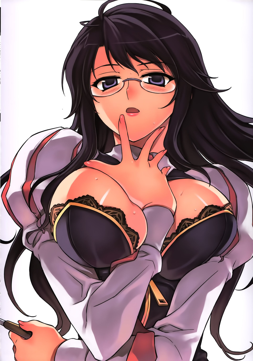 1girl absurdres between_breasts black_hair blush breasts cleavage glasses hae-young_na highres large_breasts long_hair looking_at_viewer open_mouth purple_eyes serious simple_background solo soo-hyon_lee standing sweat unbalance_x_unbalance white_background zipper