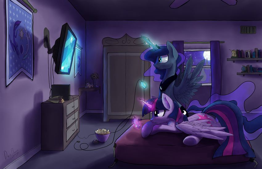 bed bedroom blue_fur blue_hair chips console controller darkflame75 duo equine feathers female feral friendship_is_magic fur gamepad gaming hair horn horse magic mammal multi-colored_hair my_little_pony night pony princess_luna_(mlp) purple_eyes purple_hair smile television twilight_sparkle_(mlp) video_games winged_unicorn wings