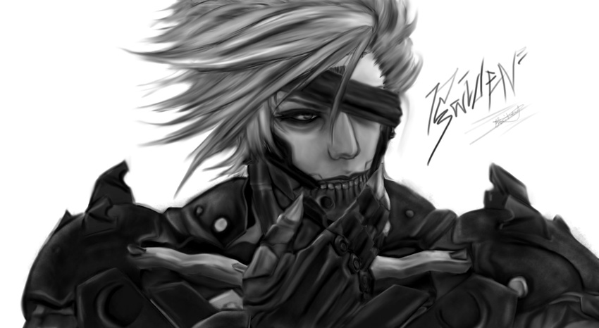 bad_id bad_pixiv_id character_name cyborg eyepatch greyscale highres male_focus metal_gear_(series) metal_gear_rising:_revengeance monochrome raiden science_fiction shikitti solo white_background