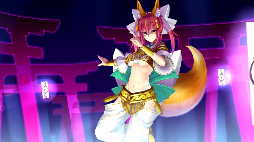 alternate_costume amaterasu_(fate) animal_ears bow breasts cleavage detached_sleeves fate/extra fate_(series) fox_ears fox_tail hair_bow hair_ribbon kotera_ryou medium_breasts pink_hair ribbon solo tail tamamo_(fate)_(all) tamamo_no_mae_(fate) thighhighs torii twintails underboob yellow_eyes