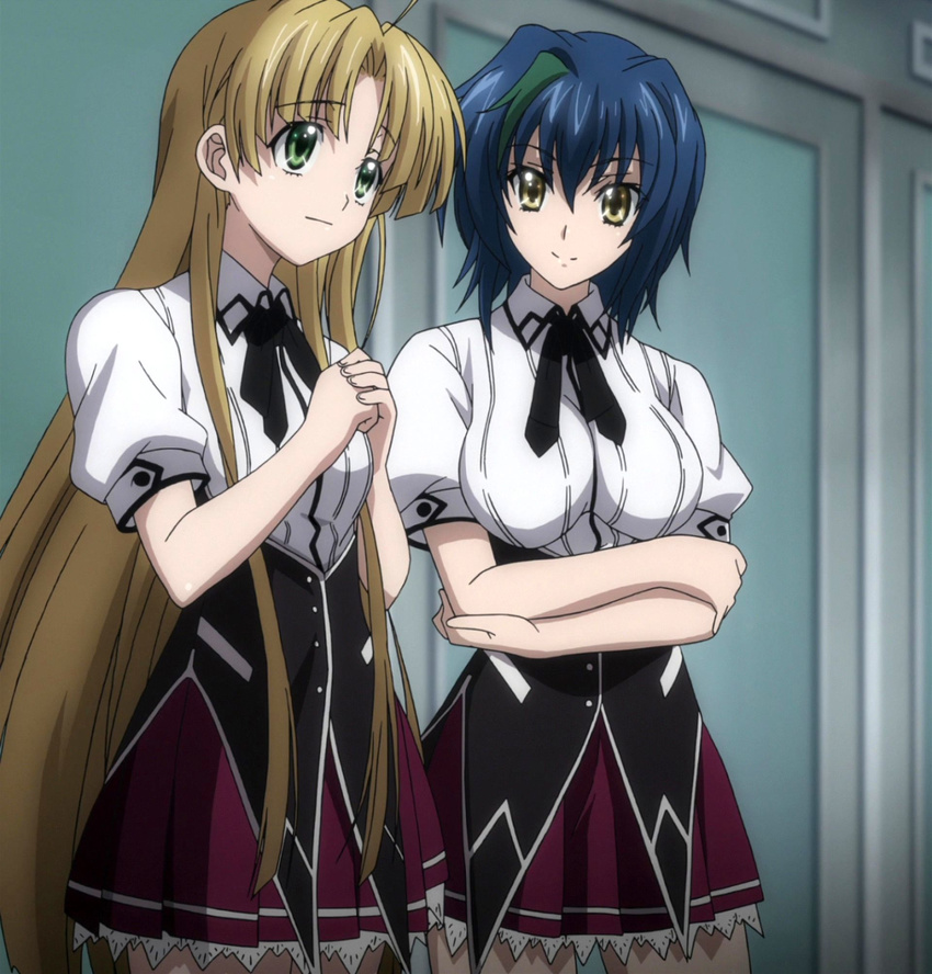 2girls asia_argento blue_hair breasts green_eyes high_school_dxd highres large_breasts long_hair multiple_girls school_uniform screencap short_hair smile standing stitched xenovia_(high_school_dxd) yellow_eyes