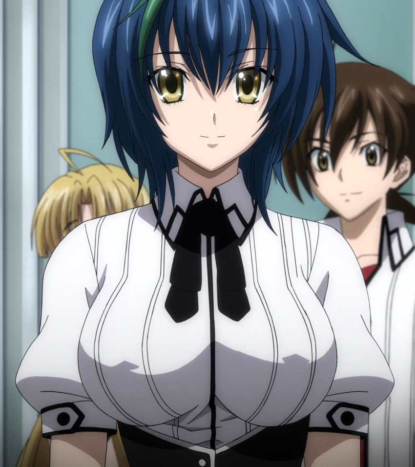 blue_hair breasts high_school_dxd highres large_breasts school_uniform screencap short_hair smile standing stitched xenovia_(high_school_dxd) yellow_eyes