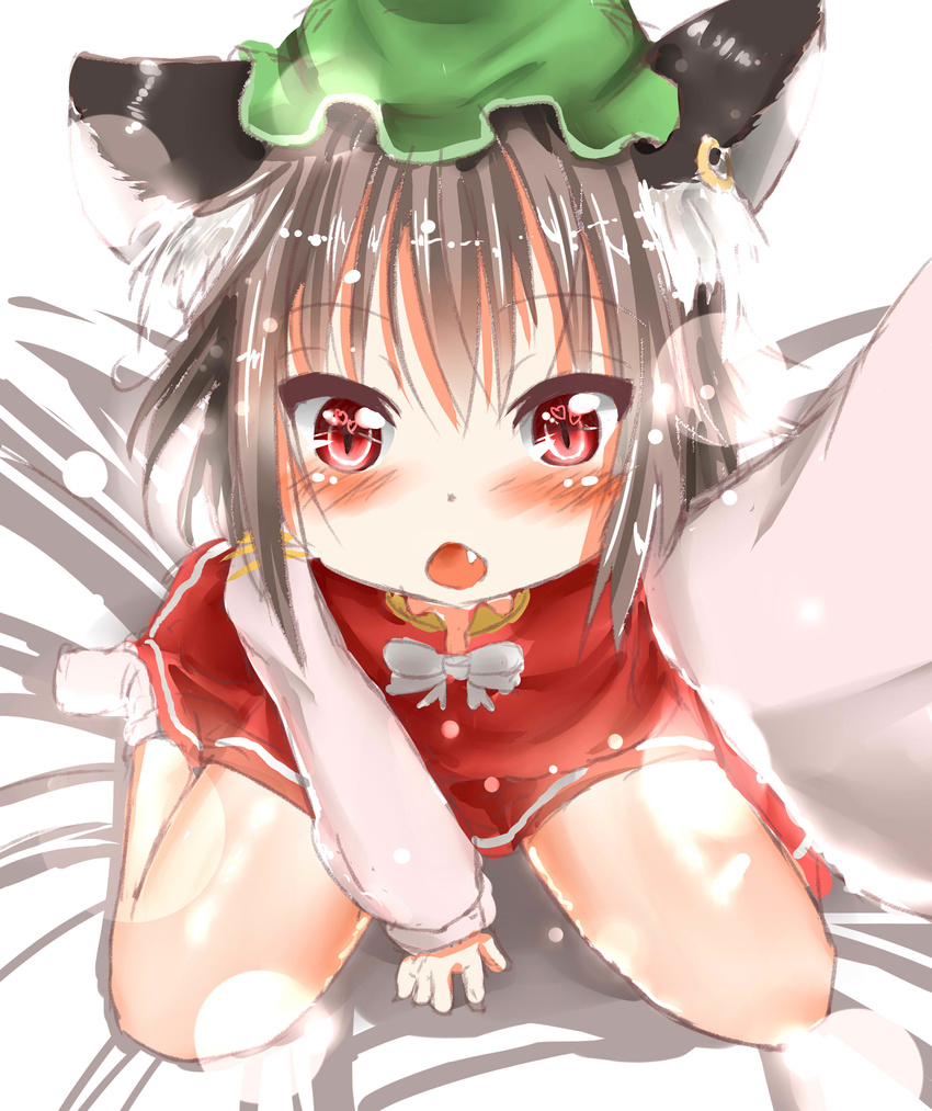 absurdres animal_ears blush bow brown_hair cat_ears chen dress earrings fang from_above hat heart heart-shaped_pupils highres jewelry looking_at_viewer mitsubasa_miu open_mouth red_eyes sitting solo symbol-shaped_pupils touhou wariza