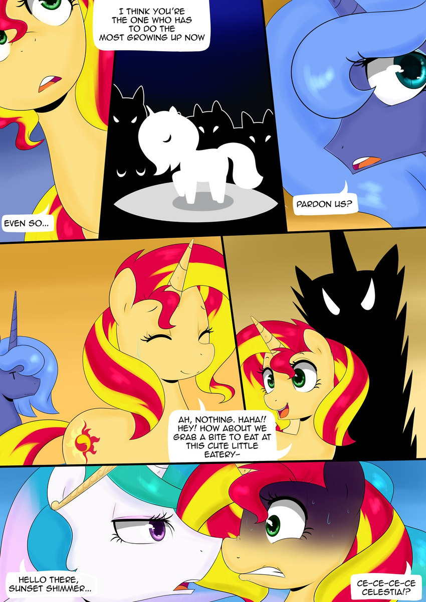 blue_fur blue_hair comic crown cutie_mark dialog english_text equestria_girls equine eyes_closed female feral friendship_is_magic fur green_eyes hair horn horse loopend mammal multi-colored_hair my_little_pony pony princess_celestia_(mlp) princess_luna_(mlp) purple_eyes sunset_shimmer_(eg) sweat teeth text two_tone_hair unicorn white_fur winged_unicorn wings